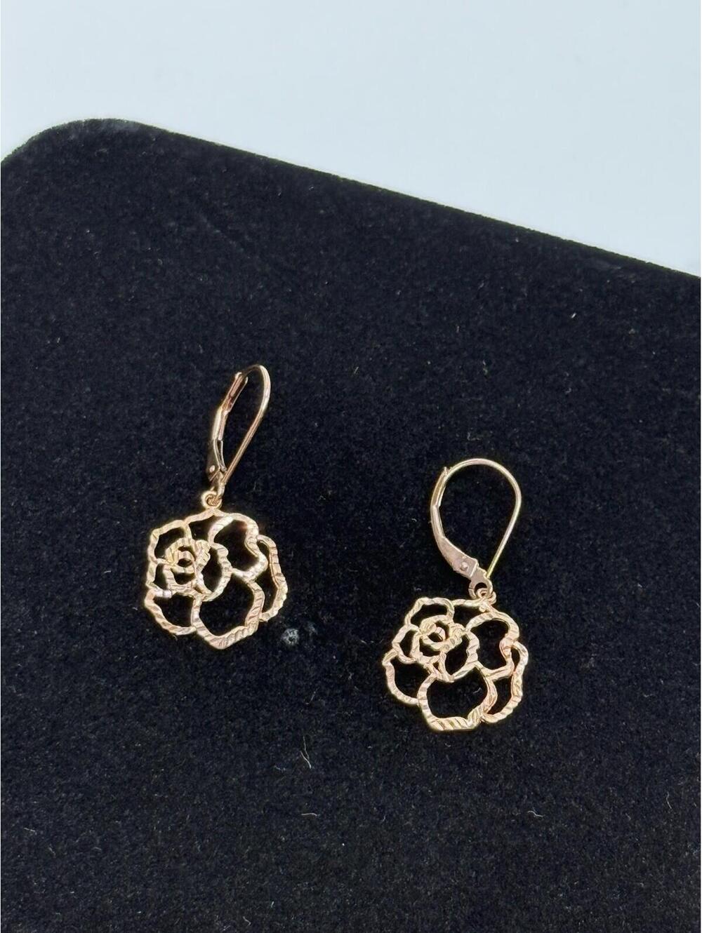 14K Yellow Gold JCM Jacmel Diamond-Cut Open Rose Flower Leverback Earrings 1.7g